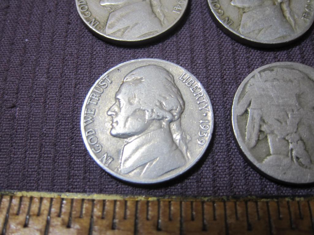 Lot of 7 US Nickels, including 2 Indian head (one of them 1936) and 5 Jefferson nickels (1 1939; 4
