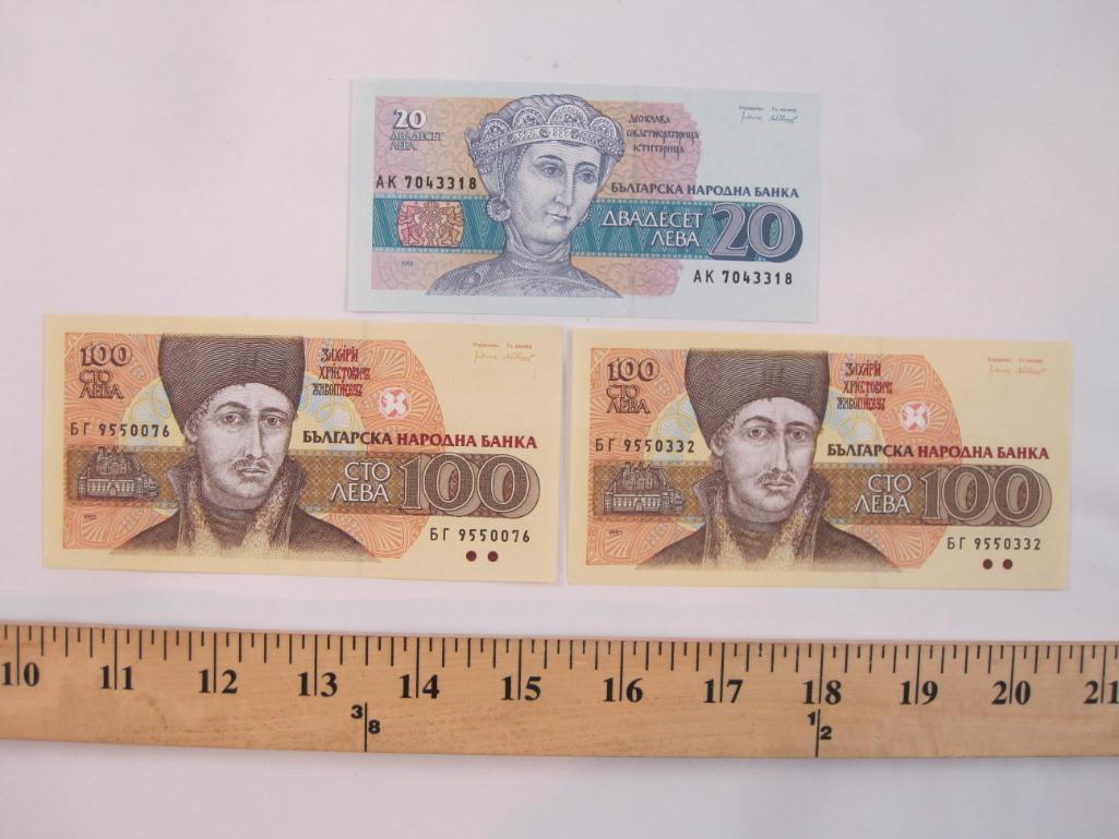 Three Foreign Bulgarian Paper Currency Notes, excellent condition