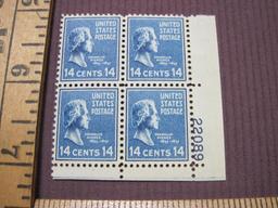 Block of 4 1938 Franklin Pierce 14 cent US postage stamps, #819