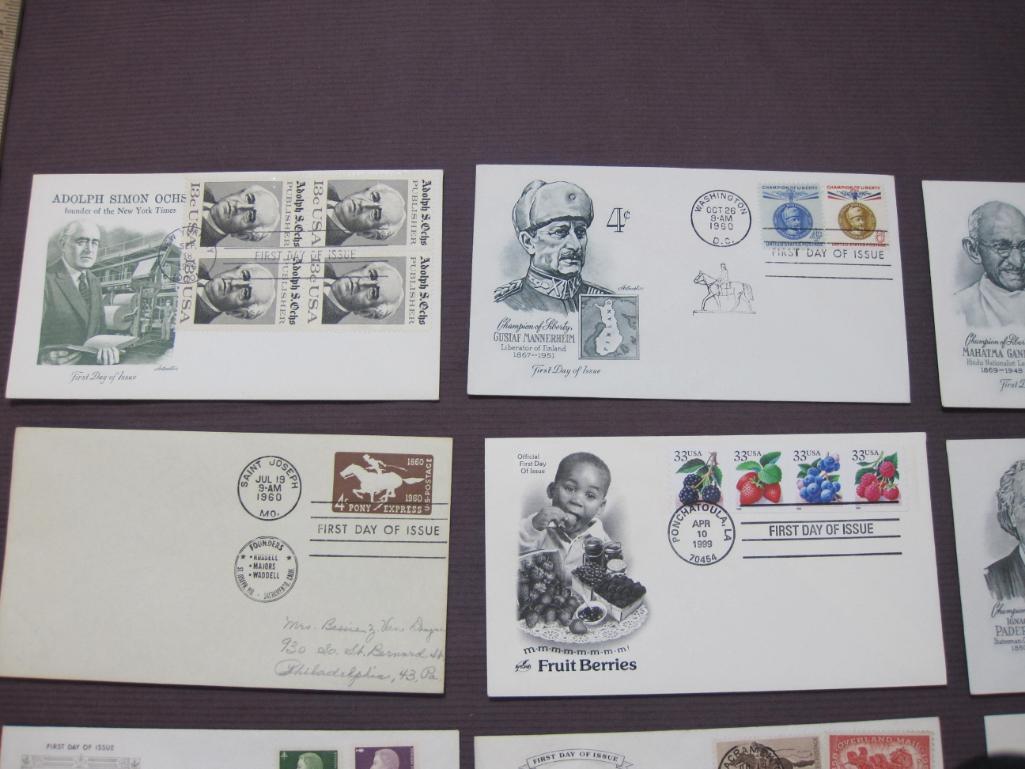 1960's First Day Covers, including Pony Express, Adolph Simon Ochs, Queen Elizabeth II, Gandhi and