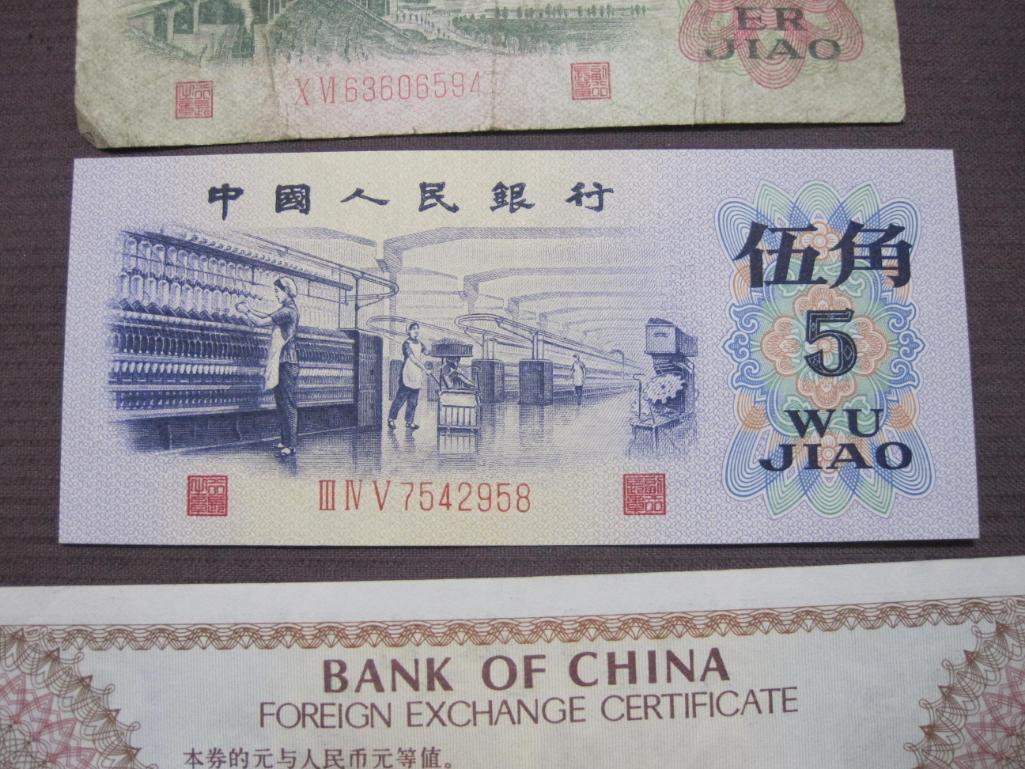 Lot includes 2 ER Jiao banknote China (1962 issue), 5 Wu Jiao banknote China (1972 issue) and Five