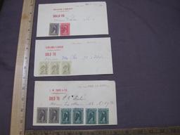 Three stock-sale receipts: 1898 with $10 in US Internal Revenue Documentary stamps attached; 1900
