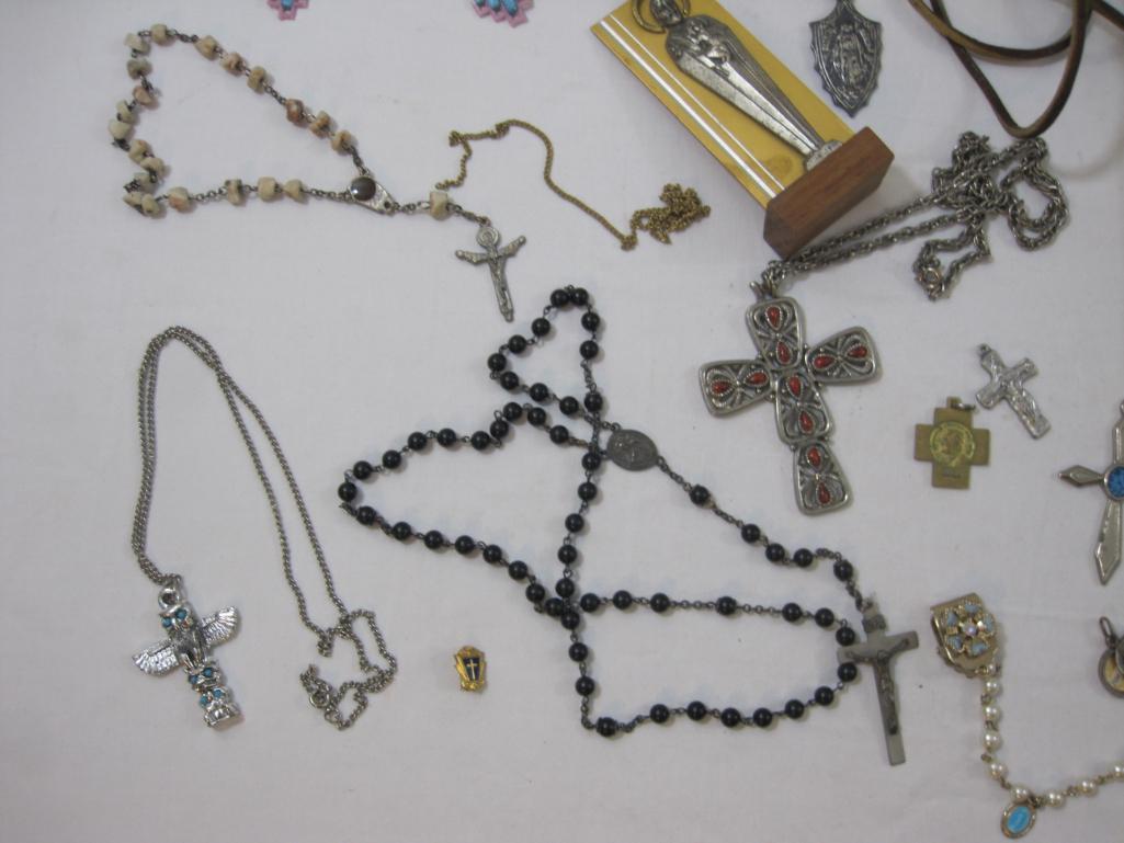 Large Lot of Religious Jewelry including cross pendants, rosary beads, pins and more, 12 oz