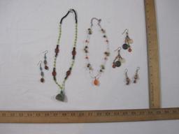 Glass Beaded Necklace and Earring Set with Stone Pendant and Beaded Necklace and Earring Set (wooden