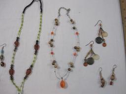 Glass Beaded Necklace and Earring Set with Stone Pendant and Beaded Necklace and Earring Set (wooden