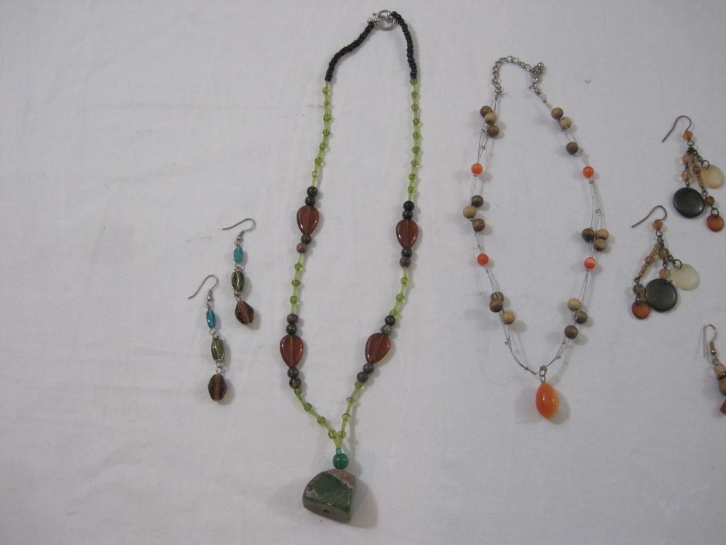 Glass Beaded Necklace and Earring Set with Stone Pendant and Beaded Necklace and Earring Set (wooden