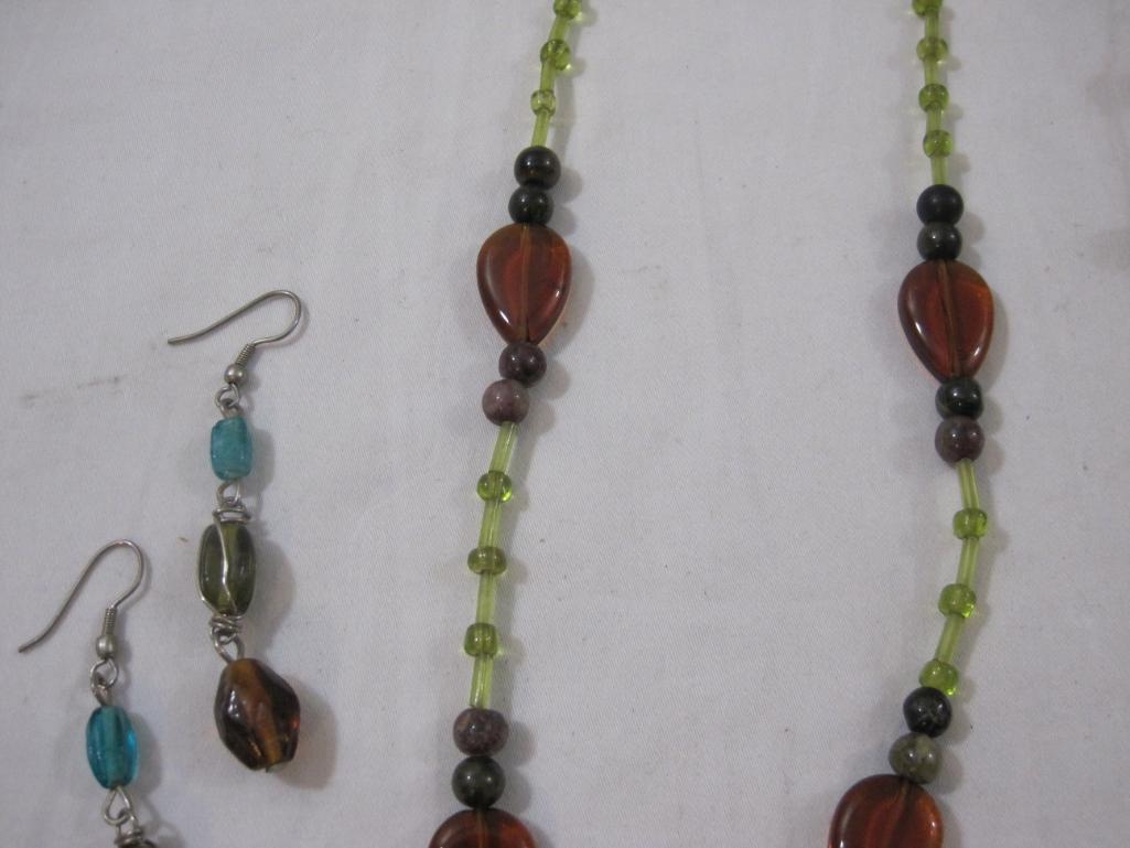 Glass Beaded Necklace and Earring Set with Stone Pendant and Beaded Necklace and Earring Set (wooden