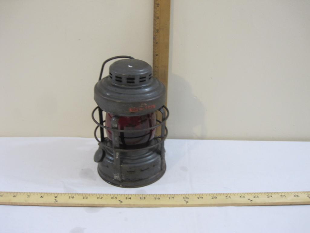 1950s Embury Luck-e-Lite No. 25 Railroad Lantern with Red Globe, 3 lbs 2 oz