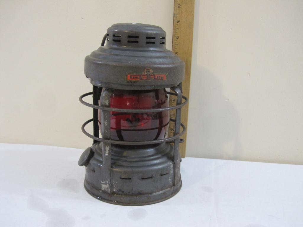 1950s Embury Luck-e-Lite No. 25 Railroad Lantern with Red Globe, 3 lbs 2 oz