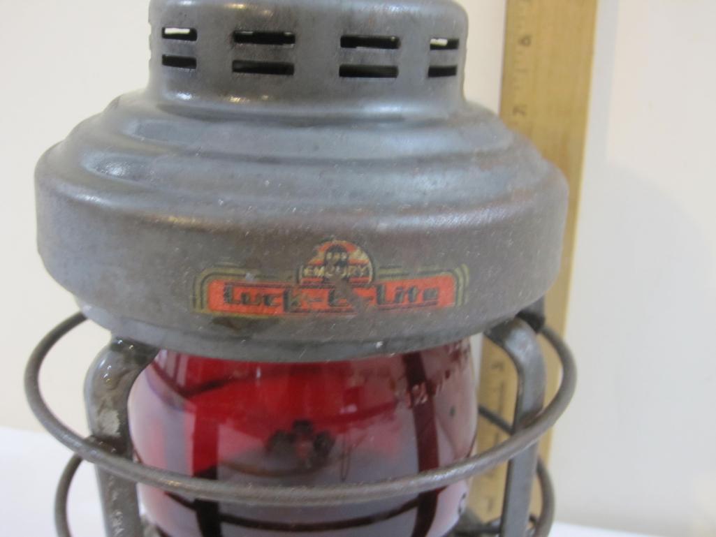 1950s Embury Luck-e-Lite No. 25 Railroad Lantern with Red Globe, 3 lbs 2 oz