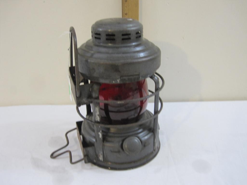 1950s Embury Luck-e-Lite No. 25 Railroad Lantern with Red Globe, 3 lbs 2 oz