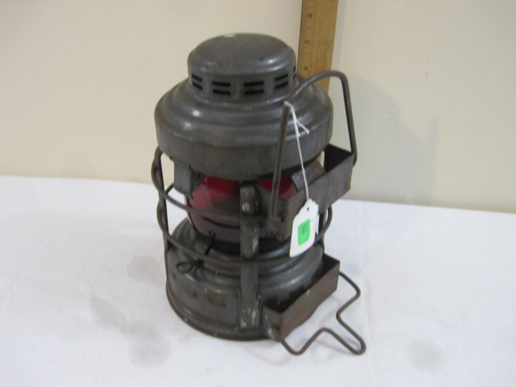 1950s Embury Luck-e-Lite No. 25 Railroad Lantern with Red Globe, 3 lbs 2 oz