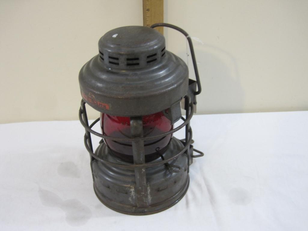 1950s Embury Luck-e-Lite No. 25 Railroad Lantern with Red Globe, 3 lbs 2 oz