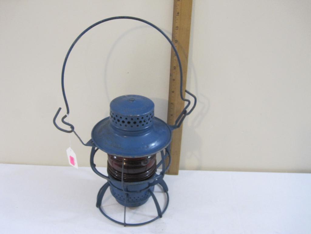 Vintage Dressel NJC New Jersey Company Railroad Lantern, blue with red globe, 2 lbs 6 oz