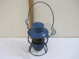 Vintage Dressel NJC New Jersey Company Railroad Lantern, blue with red globe, 2 lbs 6 oz