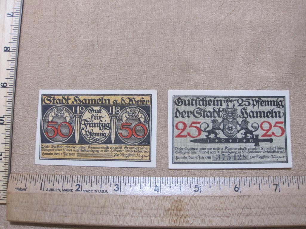 Two 1918 German Paper Currency Notes including 25 Pfennig and 50 Pfennig Denominations