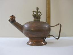 Vintage Copper Oil Lamp with Ornate Brass Lid, 1 lb 4 oz