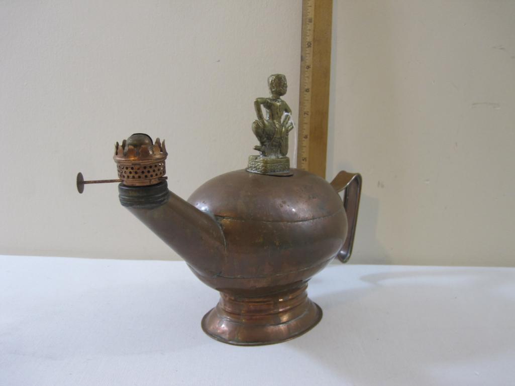 Vintage Copper Oil Lamp with Ornate Brass Lid, 1 lb 4 oz