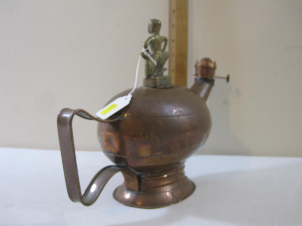 Vintage Copper Oil Lamp with Ornate Brass Lid, 1 lb 4 oz