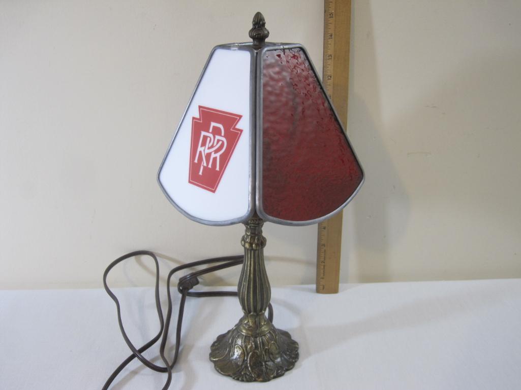 Vintage Lamp with PRR Pennsylvania Railroad Stained Glass Lampshade, 3 lbs 6 oz