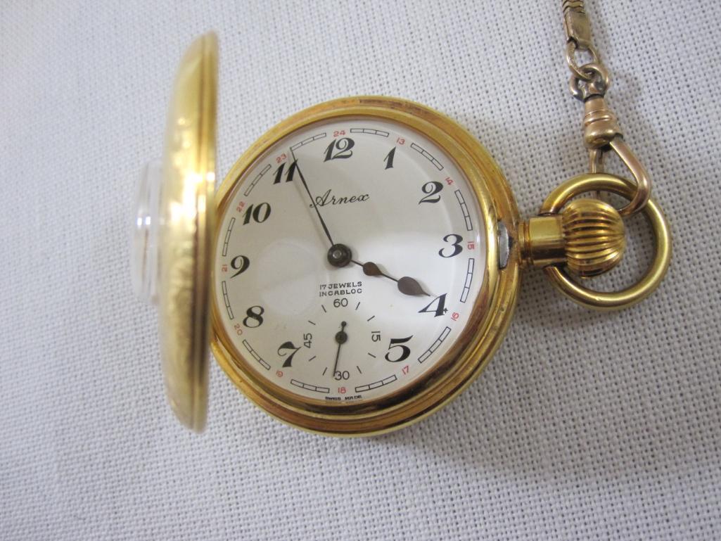 Vintage Arnex 17 Jewels in Cabloc Pocket Watch with Fob, 4 oz