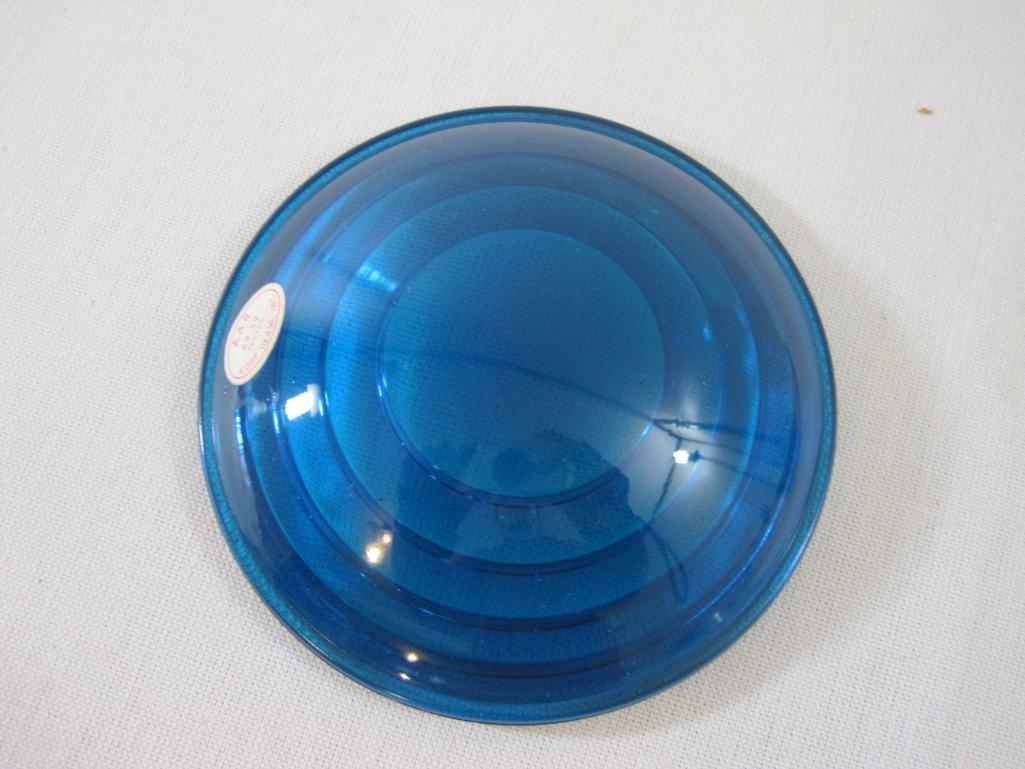 Two Blue AAR 69-59 Kopp Glass Lantern Lenses marked 4 1/2L 3F, 12 oz