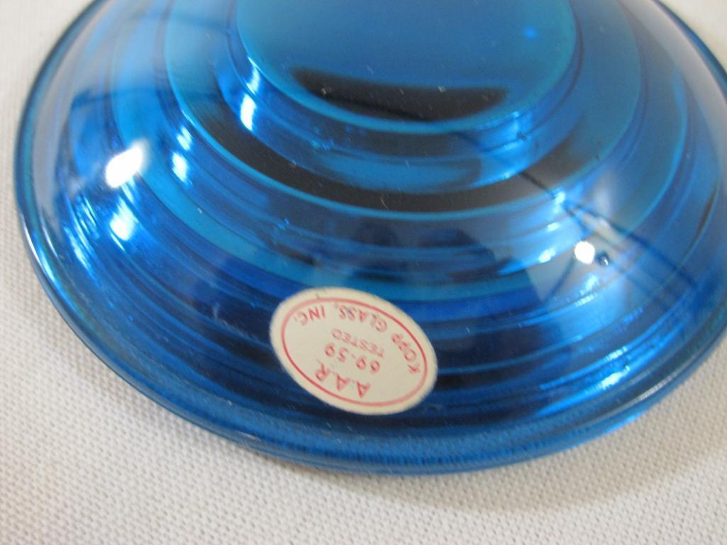 Two Blue AAR 69-59 Kopp Glass Lantern Lenses marked 4 1/2L 3F, 12 oz