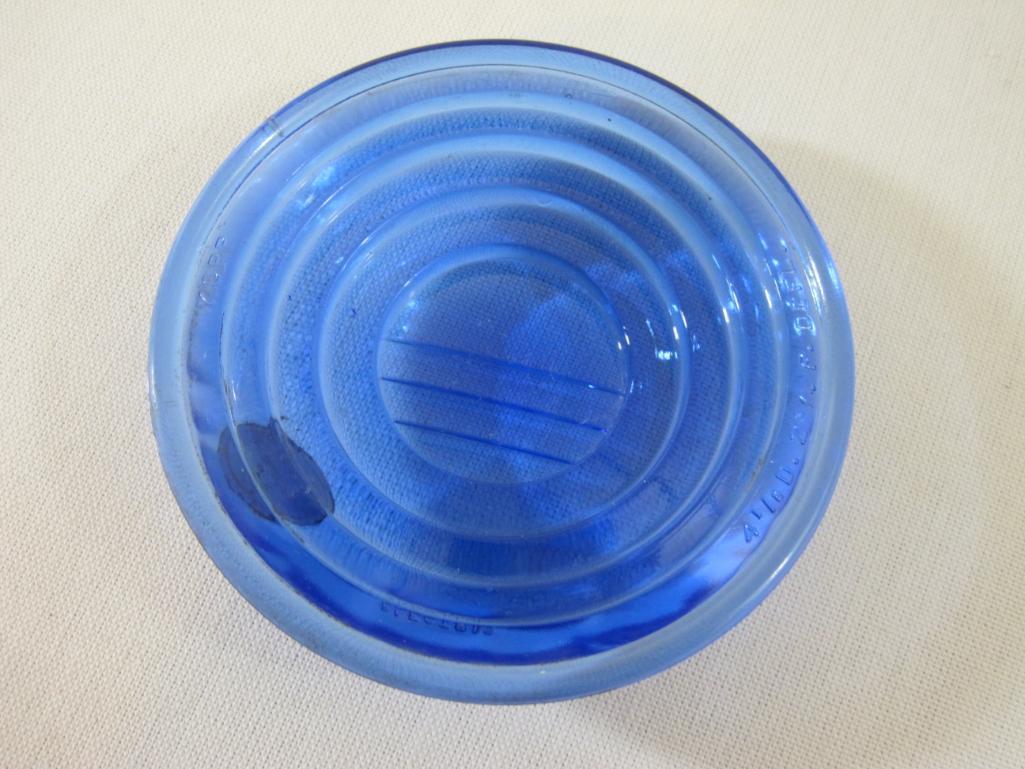 Two Blue AAR 69-59 Kopp Glass Lantern Lenses marked 4 1/2L 3 1/2F and 4 1/8D 2 3/4F DEFL, 12 oz