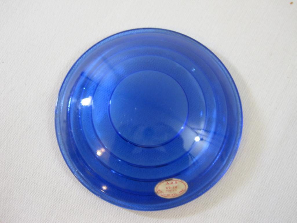 Two Blue AAR 69-59 Kopp Glass Lantern Lenses marked 4 1/2L 3 1/2F and 4 1/8D 2 3/4F DEFL, 12 oz
