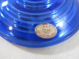 Two Blue AAR 69-59 Kopp Glass Lantern Lenses marked 4 1/2L 3 1/2F and 4 1/8D 2 3/4F DEFL, 12 oz