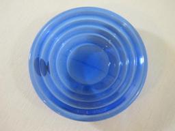 Two Blue AAR 69-59 Kopp Glass Lantern Lenses marked 4 1/2L 3 1/2F and 4 1/8D 2 3/4F DEFL, 12 oz