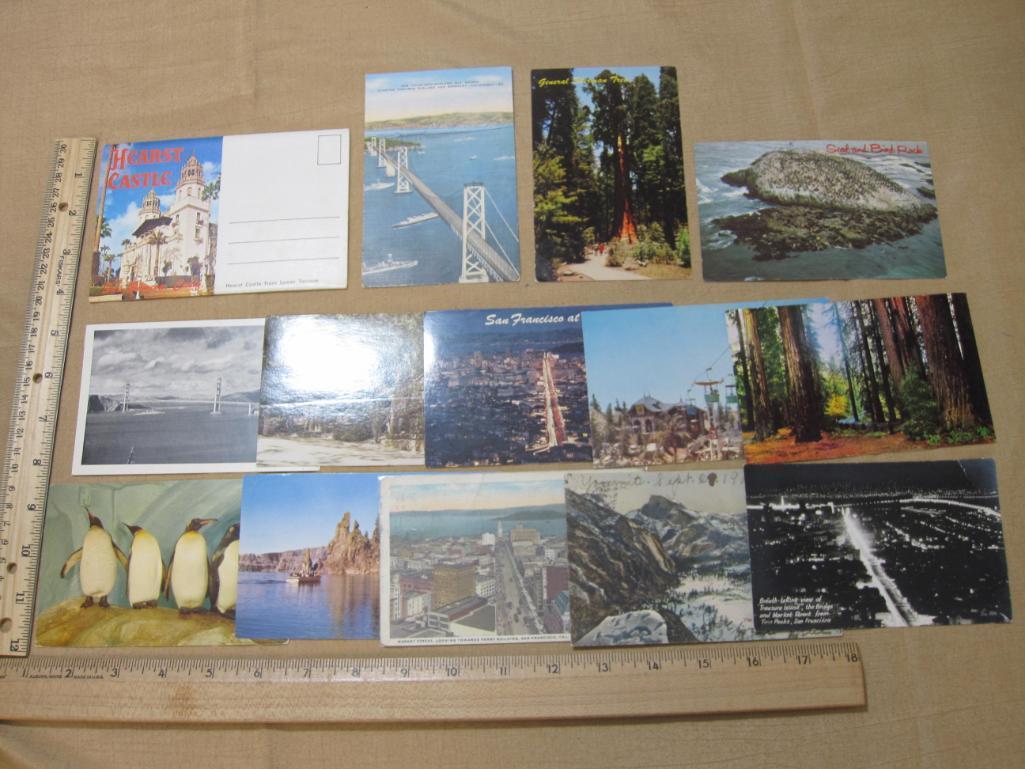 Vintage US postcards from California including Night Views of San Francisco, Yosemite Valley View