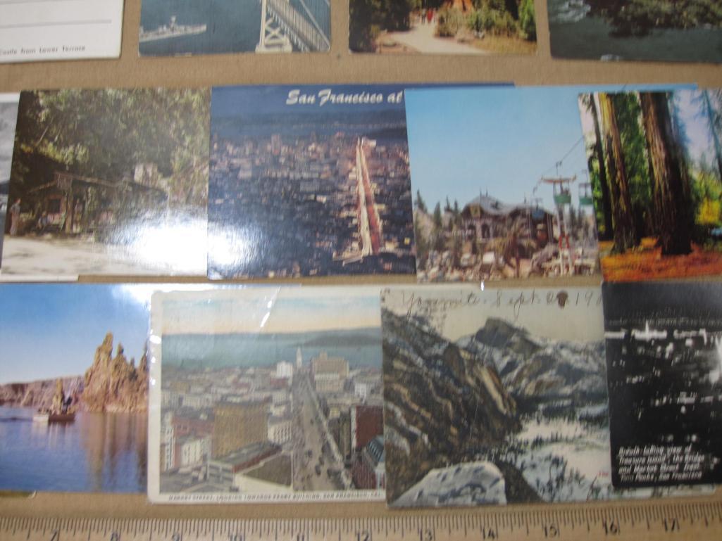 Vintage US postcards from California including Night Views of San Francisco, Yosemite Valley View