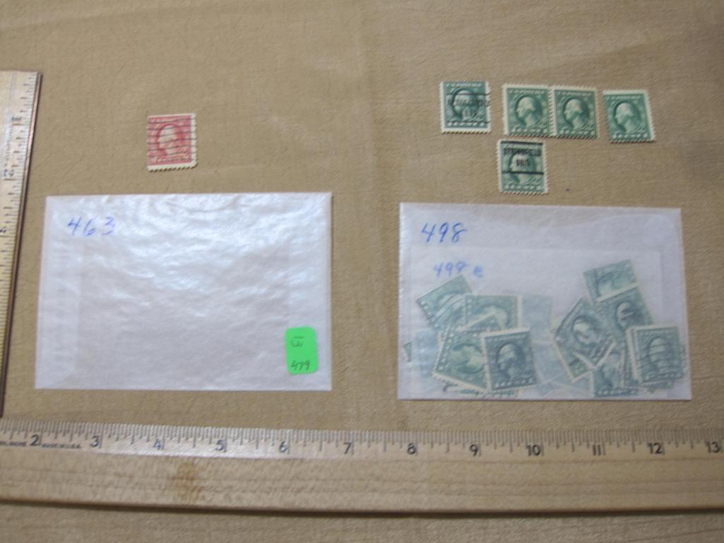 US Postage stamps including 2 Cent George Washington, 1 Cent George Washington mostly cancelled