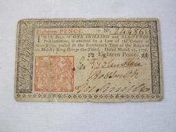 Original Colony Bill from the Colony of New Jersey dated March 25, 1776 for Eighteen Pence (One