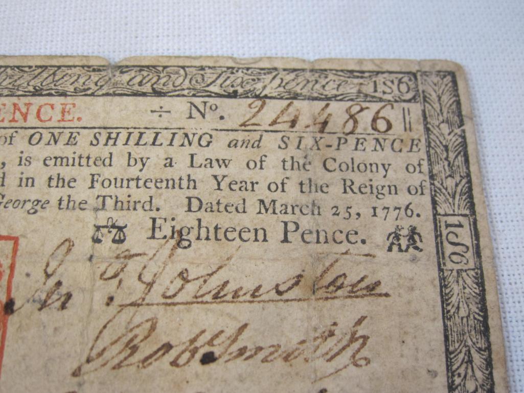 Original Colony Bill from the Colony of New Jersey dated March 25, 1776 for Eighteen Pence (One