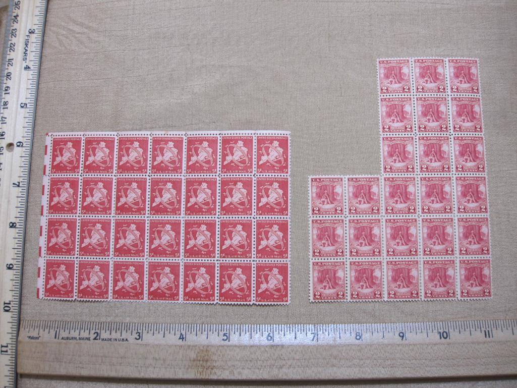 Lot of US Postage Stamps in Two blocks includes 2 Cent Valley Forge, 5 Cent US Air Mail The City of