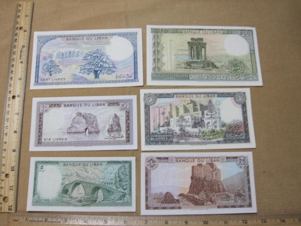 Six Foreign Paper Currency Notes from Lebanon: 5, 10, 25, 50, 100 and 250 Livres