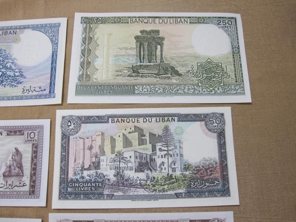 Six Foreign Paper Currency Notes from Lebanon: 5, 10, 25, 50, 100 and 250 Livres