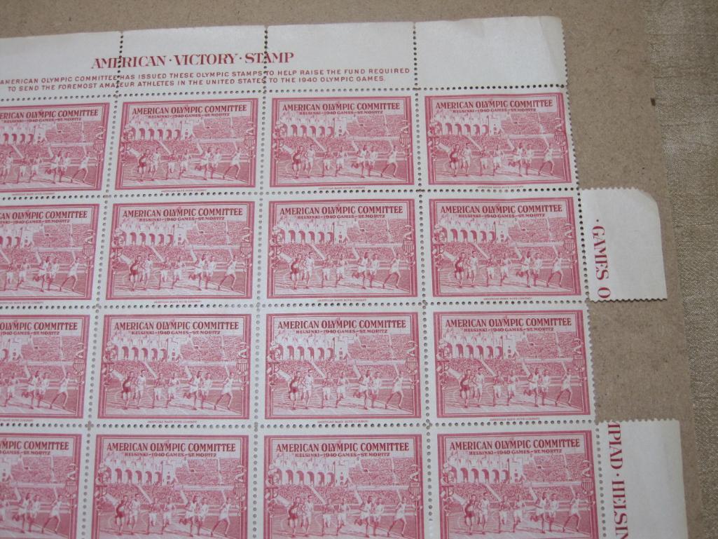 1940 American Olympic Committee Helsinki - St Moritz Poster Stamps - Full Sheet, see pictures for