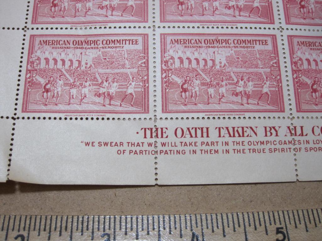 1940 American Olympic Committee Helsinki - St Moritz Poster Stamps - Full Sheet, see pictures for