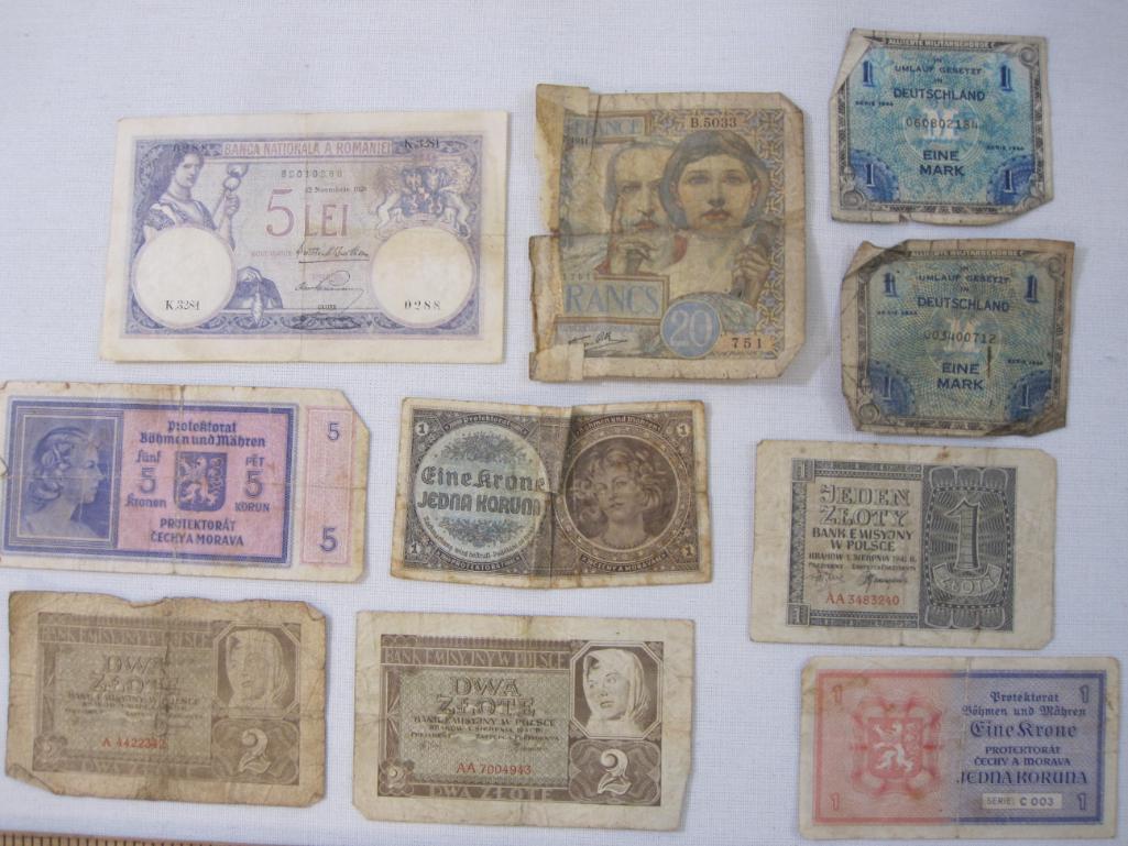 Lot of Vintage European Paper Currency including German 1944 1 Mark, Polish 2 Zeote, and more,