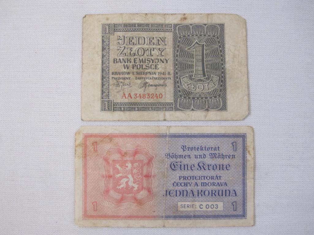 Lot of Vintage European Paper Currency including German 1944 1 Mark, Polish 2 Zeote, and more,