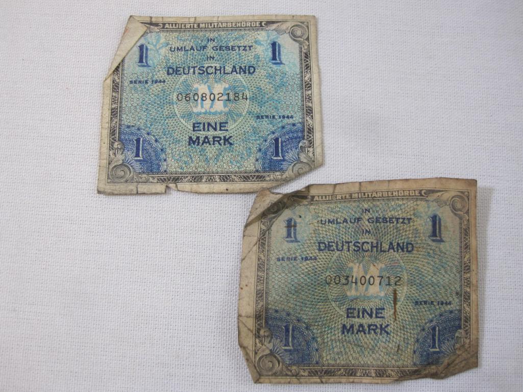 Lot of Vintage European Paper Currency including German 1944 1 Mark, Polish 2 Zeote, and more,