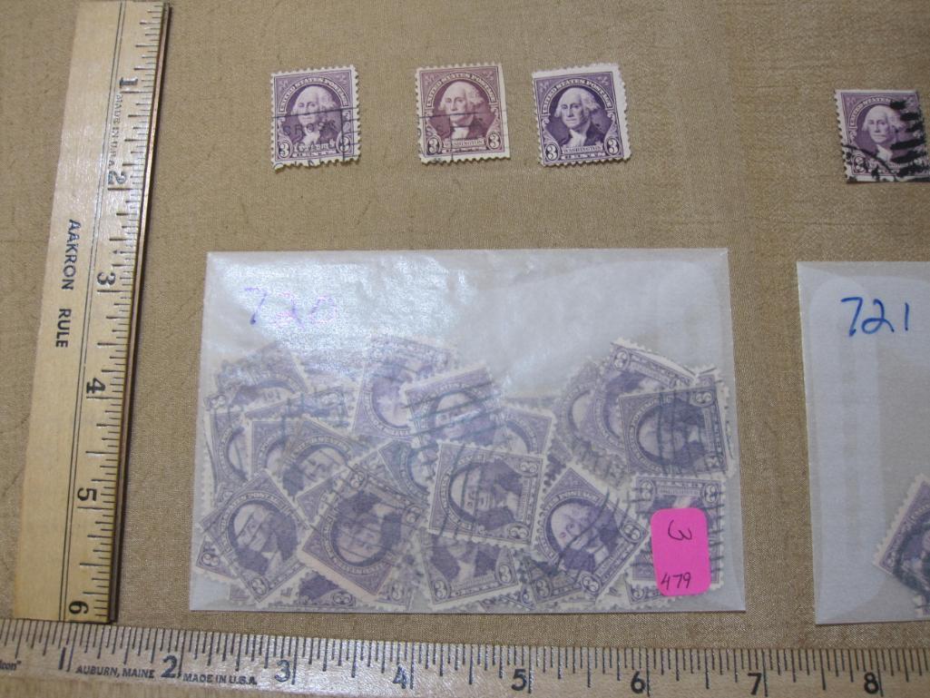 3 Cent George Washington Postage stamps mostly cancelled Scott #s 720, 721