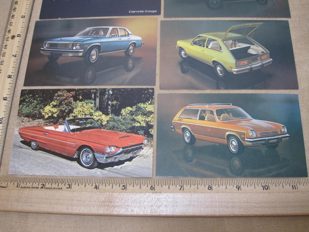 Automobile Postcards, 1977 Chevrolet Camaro, Concours Sedan, Chevette, 1978 Corvette Coupe and 1965