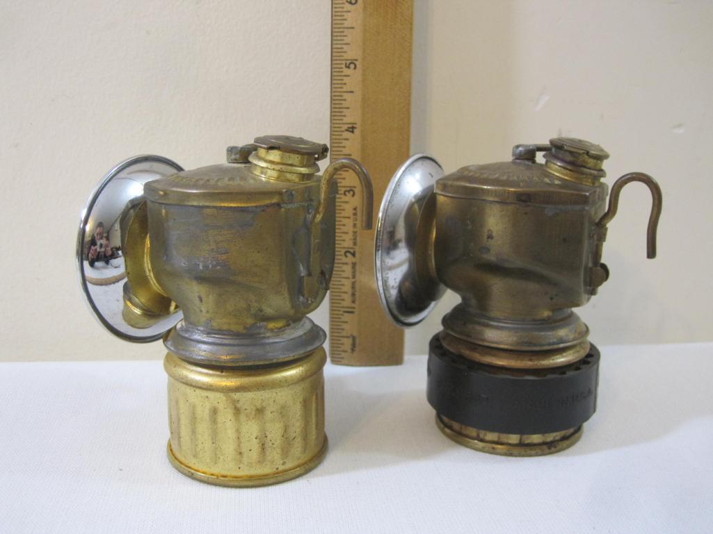 Two Vintage Miner's Carbide Hat Lanterns, marked United States of America, 15 oz