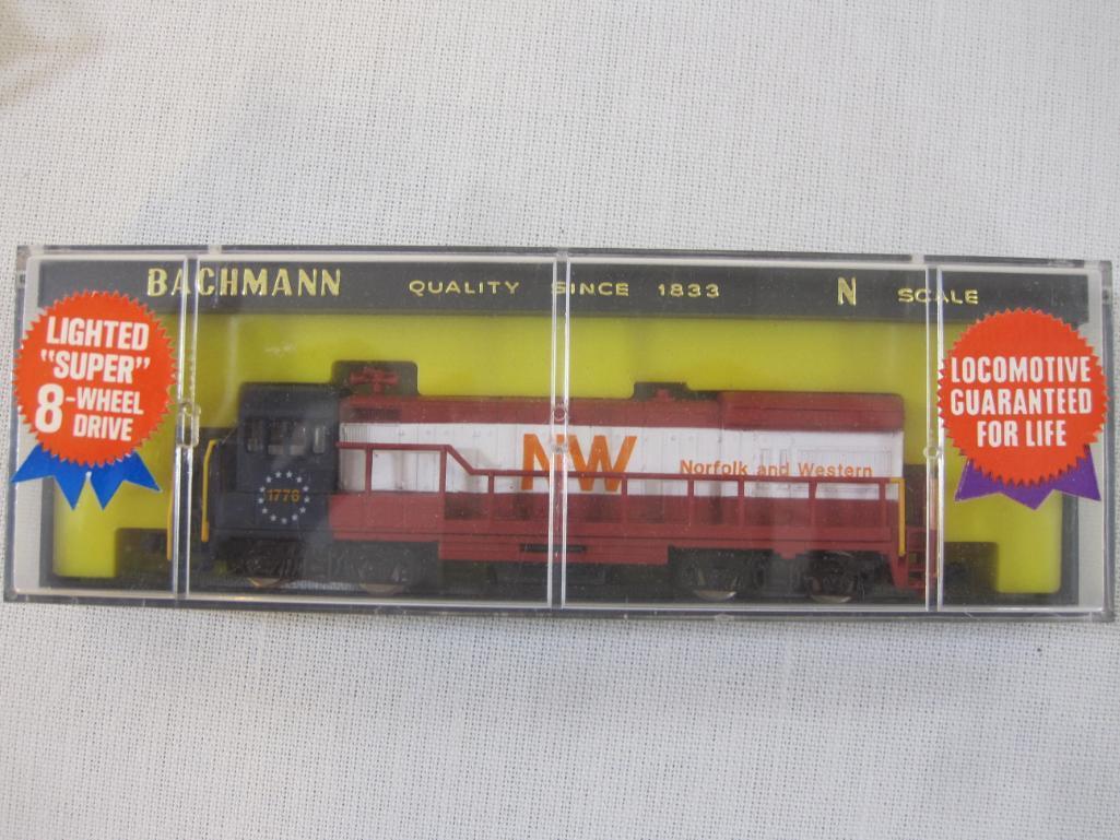 Two N Scale Bachmann Train Cars including U36B Diesel Norfolk & Western Locomotive and Wide Vision