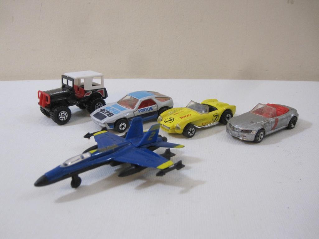 Five Miniature Vehicles including Matchbox Porsche, Hot Wheels Ferrari 7, and more, 7 oz
