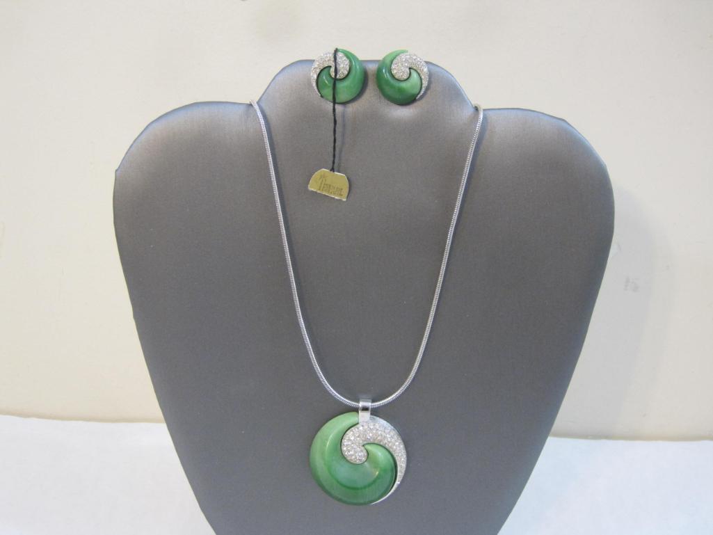 Vintage Silver Tone Trifari Necklace and Earring Set, Green with Clear Gemstone Accents, 2 oz